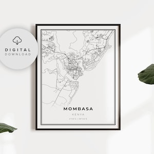 Mombasa Map Print, Kenia Map Art Poster, druckbare Straßenkarte der Stadt, herunterladbare Kunst, große Poster, EP490
