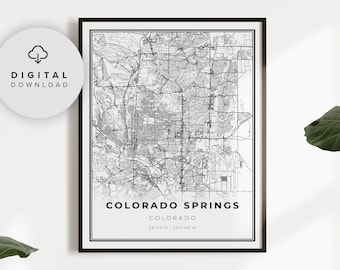 Impression de carte de Colorado Springs, affiche d&#39;art de carte du Colorado CO USA, carte routière imprimable de rue de ville, art de mur de carte de ville, NP281