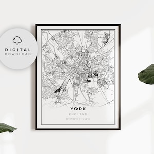 Impresión de mapa de York, póster artístico de Inglaterra, Reino Unido, Yorkshire, mapa de calles de la ciudad imprimible, impresiones digitales, NP701
