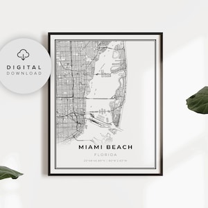 Miami Beach Map Print, Florida FL USA Map Art Poster, Printable city street routekaart, afdrukbare cadeau vader, NP231