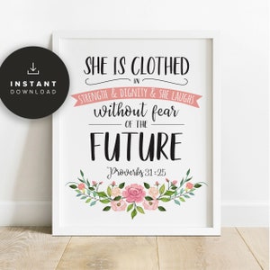 She Is Clothed In Strength And Dignity Print, Printable, Proverbs 31:25, Bible Verse Print, Christian Decor, Girls Room Decor, NP605