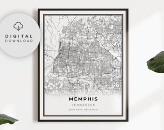 Impresión artística del mapa de Memphis, Tennessee, mapa de calles y carreteras de la ciudad (descarga digital), NP393