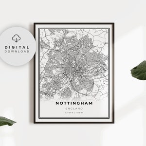 Nottingham Karte Druck, England Vereinigtes Königreich UK Karte Kunst poster, druckbare Stadt Straße Straßenkarte, Stadt Karte Plakat, NP719