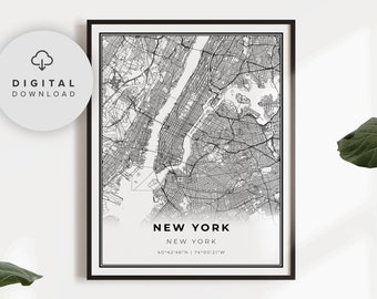 New York Map Print, New York City NYC NY USA Map Art Poster, Printable city street road map, Digital art, NP326