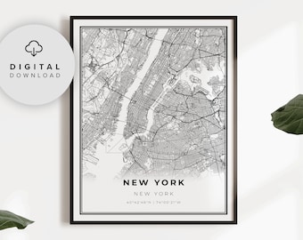 New York Map Print, New York City NYC NY USA Map Art Poster, Printable city street road map, Digital art, NP326