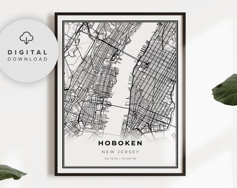 Hoboken Map Print, New Jersey NJ USA Map Art Poster, Hudson County, Printable city street road map, Digital art, NP208