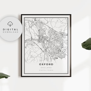 May include: Black and white printable map of Oxford, England. The map shows the city streets and landmarks. The text "Oxford, England" and the coordinates "51°45'7"N | 1°15'28"W" are printed below the map.