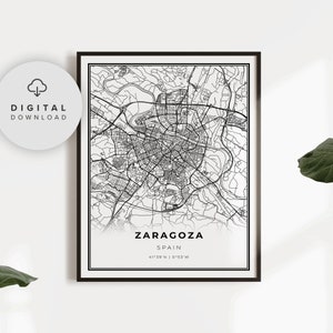 Zaragoza kaartafdruk, Spanje, kaartkunstposter, afdrukbare stratenplan stad, afdrukbaar cadeau moeder, cadeau aan vriend, NP468