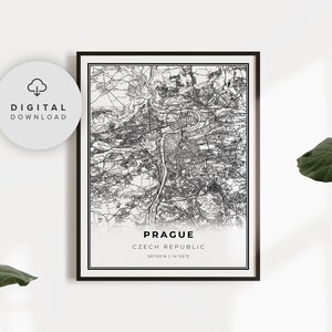 May include: Black and white printable map of Prague, Czech Republic. The map shows the city's streets and landmarks. The text "Prague, Czech Republic" and the coordinates "50°05'N | 14°25'E" are printed below the map.