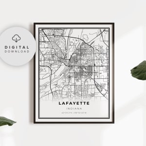 Lafayette Map Print, Indiana IN USA Map Art Poster, Tippecanoe County Printable city street road map, NP78