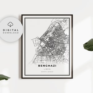 May include: Black and white line art map of Benghazi, Libya. The map shows the city streets and landmarks. The text "Benghazi, Libya, 32°07'N | 20°04'E" is printed below the map.