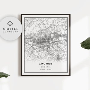 Zagreb kaartafdruk, Kroatië kaart kunstposter, afdrukbare stratenplan stad, afdrukbaar cadeau moeder, cadeau voor vader, NP849