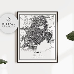 Cali Map Print, Colombia Map Art Poster, Feuille de route de la ville imprimable, mur téléchargeable, bureau de cadeaux, NP696