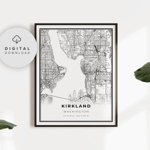 Kirkland-kaartafdruk, Washington WA VS-kaartkunstposter, Seattle, afdrukbare stratenplan stad, afdrukbaar cadeau haar, NP292