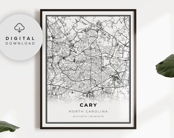 Cary Map Print, North Carolina NC USA Map Art Poster, Wake County, Printable city street road map, gift ideas, NP182