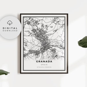 Granada Map Print, Espagne Carte Art Poster, Feuille de route de la ville imprimable, Art de la ville, impression minimaliste, NP724