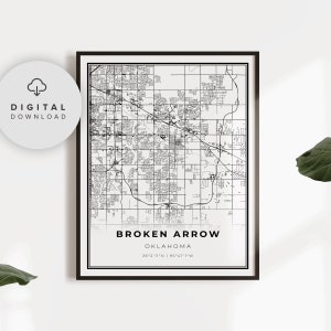 Puede incluir: Mapa imprimible en blanco y negro de Broken Arrow, Oklahoma. El mapa muestra la cuadrícula de calles de la ciudad e incluye las coordenadas 36°2'11"N | 95°47'1"W.
