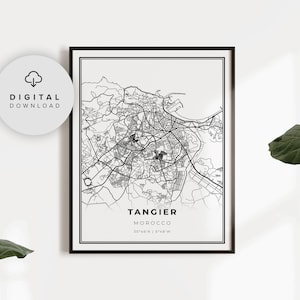 Kaart van Tanger, Marokko kaart kunstposter, Tingis Tanger Tanger afdrukbare wegenkaart stad, cadeau voor een moeder, NP618
