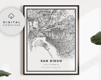 San Diego Map Print, California CA USA Map Art Poster, Printable city street road map, Digital printable, NP92