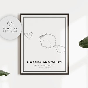 Moorea et Tahiti Map Print, Français Polynésie Map Art Poster, Imprimerie de la route de la ville, etsy art imprimable, NP756