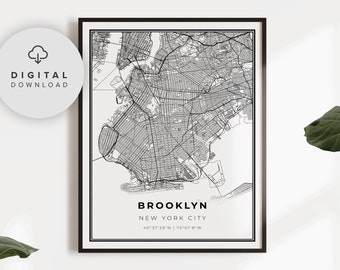 Brooklyn Map Print, New York City NYC NY USA Map Art Poster, Printable city street road map, Digital artwork, NP389