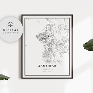 Zanzibar Map Print, Tanzania Map Art Poster, Unguja Printable city street road map, Printable office art, NP425