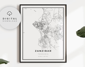 Zanzibar Map Art Print, Tanzania, Unguja City Street Map (Digital Download), NP425
