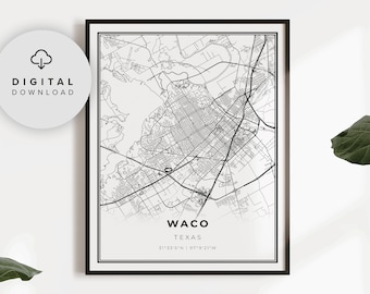 Waco Map Print, Texas TX USA Map Art Poster, Printable city street road map, Printable, City maps, NP238