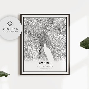 Zürich Map Print, Zurich Switzerland  Swiss  Map Art Poster, Printable city street road map, Printable designs, NP682