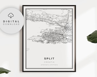 Kaart van Split, Kroatië, print, City Street Art-poster (digitale download), NP622