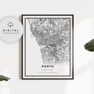 Porto Map Print, Portugal Map Art Poster, Afdrukbare stadsstraat routekaart, Digitale download kunst, reizen print, NP507