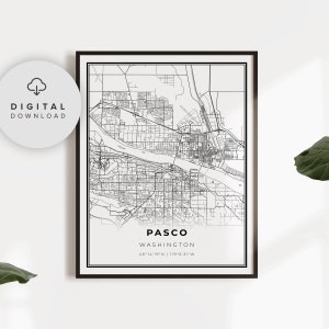 Pasco-kaartafdruk, Washington WA VS-kaartkunstposter, afdrukbare stadswegenkaart driesteden, stadsmuurkunst, NP109