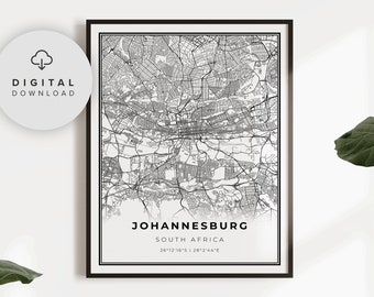 Johannesburg Map Print, South Africa map art poster, Printable city street road map, City art, gift for men, NP606