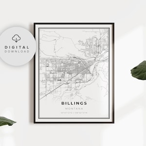 Puede incluir: Mapa imprimible en blanco y negro de Billings, Montana. El mapa muestra las calles y los puntos de referencia de la ciudad. El texto "BILLINGS MONTANA 45°47'12"N | 108°32'14"W" está impreso debajo del mapa.