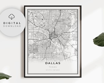 Downtown Dallas Map Print, Texas TX USA Map Art Poster, DFW, Printable city street road map, Digital prints Etsy, NP266