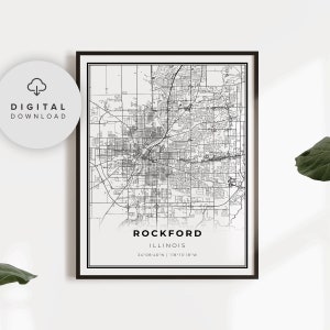 Impresión de mapa de Rockford, Illinois, EE. UU., póster de arte, mapa de calles de la ciudad imprimible, descarga imprimible, NP64