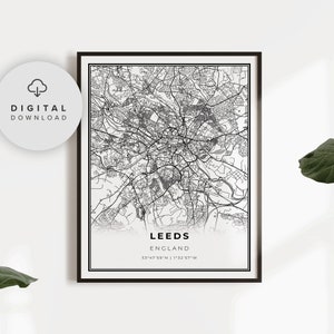 Impresión del mapa de Leeds, póster artístico del mapa de Inglaterra, Reino Unido, mapa de calles de la ciudad imprimible, descarga del mapa de la ciudad, NP717
