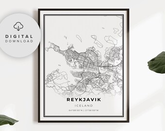 Reykjavik Island Karte Kunstdruck, Stadtstraße Straßenkarte (Digitaler Download), nzp751