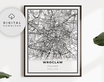 Wroclaw Map Print, Poland Map Art Poster, Breslau Polska, Printable city street road map, Digital printable, NP591
