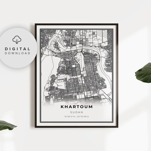 Khartoem Kaart Print, Soedan Art Poster, Nile River, Afdrukbare stad straat routekaart, Digitale prints, scandi poster, NP496