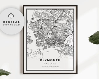 Plymouth Map Print, England UK United Kingdom Art Poster, Devon, Printable city street road map, gift for fiance, NP412