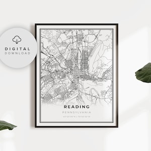 Impresión de mapa de Reading, póster artístico de Pensilvania, PA, EE. UU., mapa de calles y carreteras del condado de Berks para imprimir, NP116