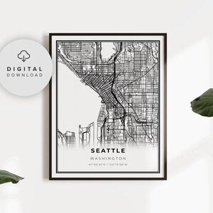 Downtown Seattle Map Print, Washington WA USA Map Art Poster, Printable city street road map, Digital wall print, NP157