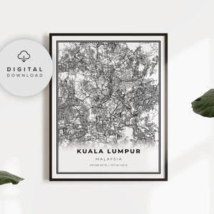 Impresión de mapa de Kuala Lumpur, póster artístico de mapa de Malasia, mapa de calles de la ciudad imprimible, descarga imprimible, NP799