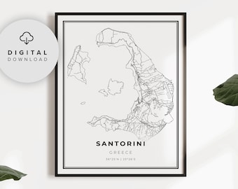 Santorini Map Print, Greece Map Art Poster, Thera Thira, Printable city street road map, City map artwork, NP604