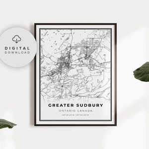 Greater Sudbury Map Print, Ontario ON Canada Map Art Poster, Printable city street road map, City map artwork, NP899