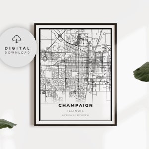 Stampa mappa di Champaign, poster artistico della mappa dell'Illinois, mappa stradale della città stampabile, decorazione stampabile, NP243