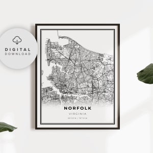 Norfolk Map Print, Virginia VA USA Map Art Poster, Printable city street road map, Digital posters, gift artist, NP322