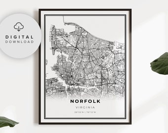 Norfolk Map Print, Virginia VA USA Map Art Poster, Printable city street road map, Digital posters, gift artist, NP322