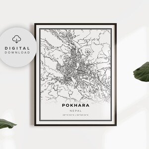 Pokhara-kaartafdruk, Nepal-kaartkunstposter, afdrukbare wegenkaart stad, afdrukbaar cadeau, cadeau-ideeën voor moeder, NP684